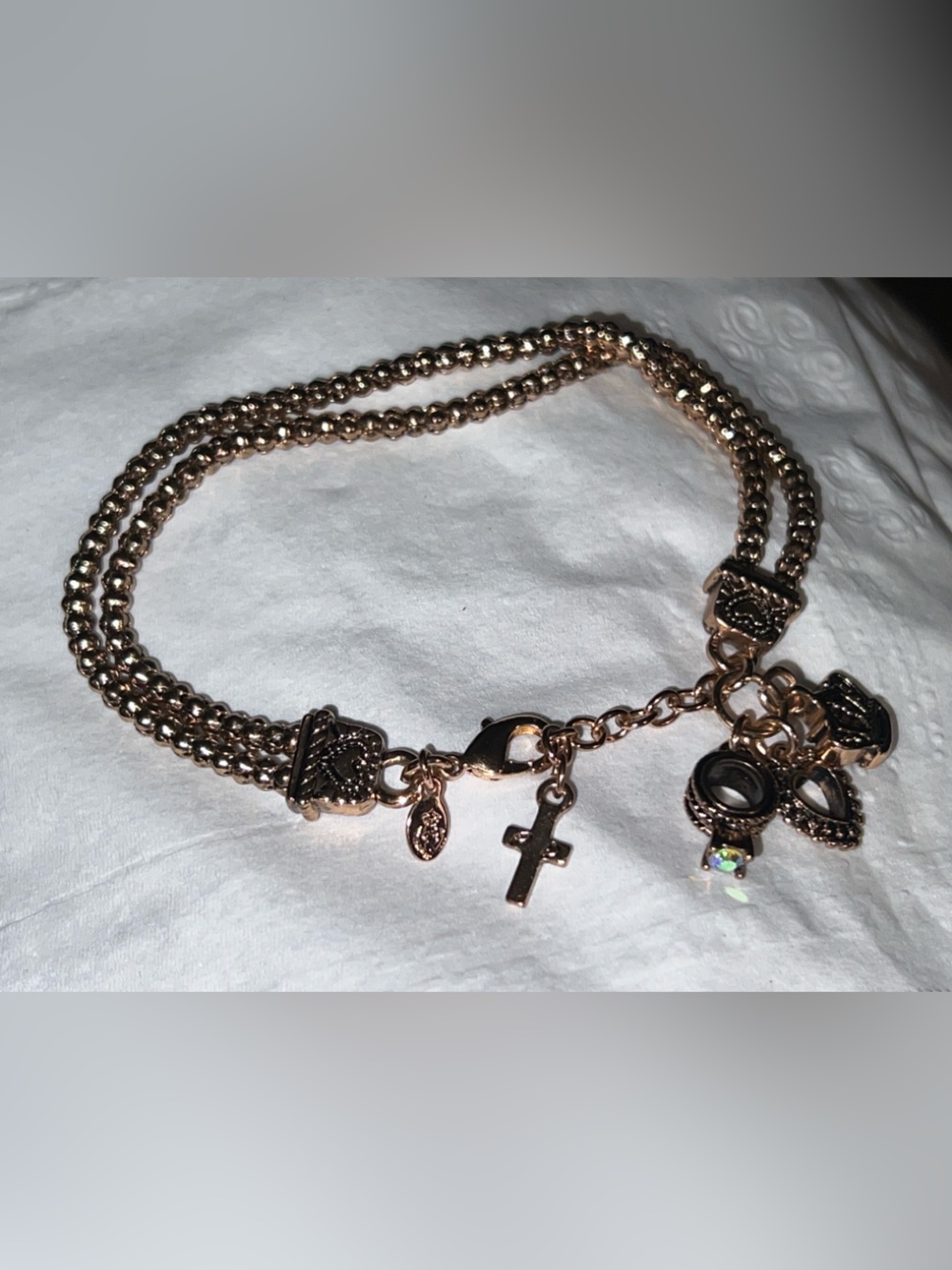 Premier Design Rose Gold Multi-Chain Charm Bracelet with Cross and Gem Accents